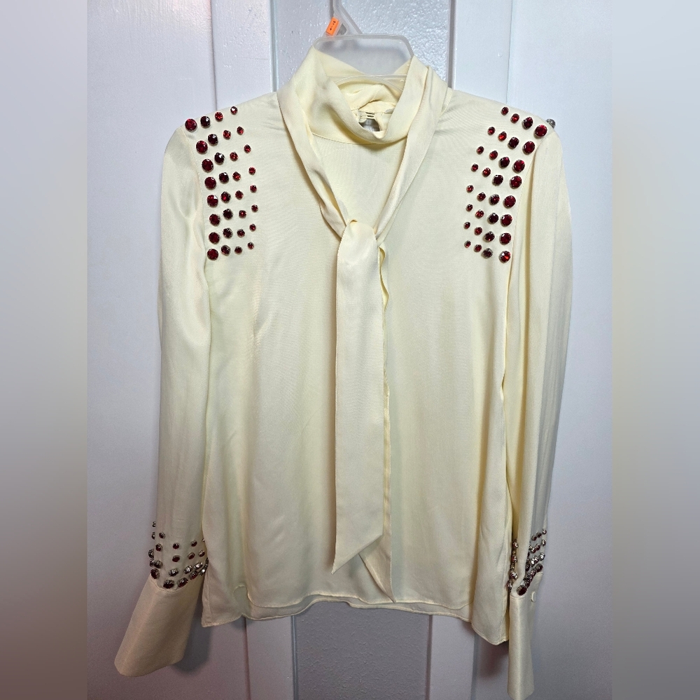 Zara Cream Satin Bow Neck Blouse with Red Rhinestone Studded Shoulders & Cuffs